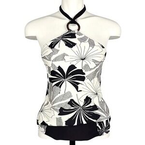 Skye Women's Halter Tankini Bikini Set Black Cream Floral Large